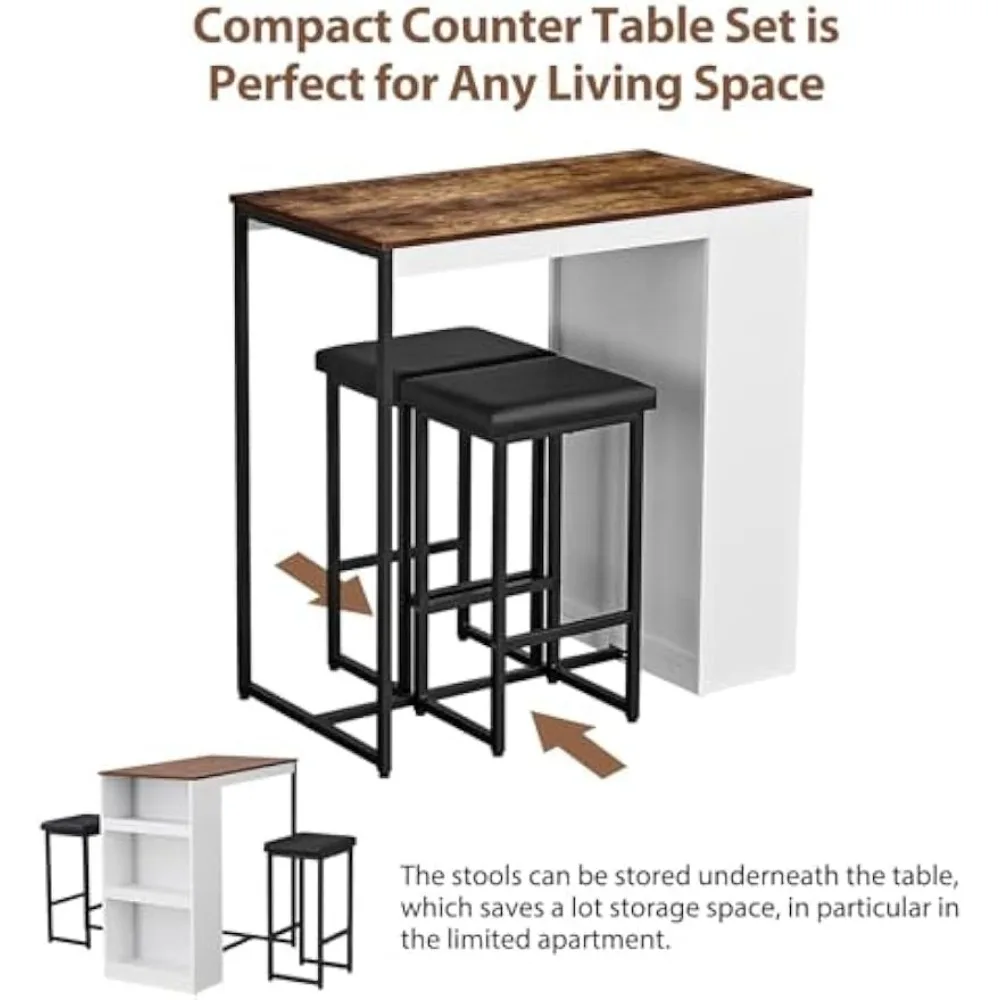 3 Piece Dining Table Set Kitchen Bar Table with Two Stool Storage Shelves Wood Counter Height Table Top with Sew Kerf