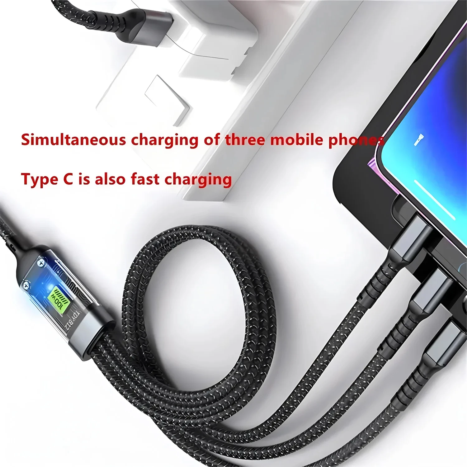 Lámpara piloto transparente 3 en 1 de 100W, Cable de carga súper rápida 6A Universal con Micro Usb tipo C para Samsung, Huawei, Xiaomi, Iphone