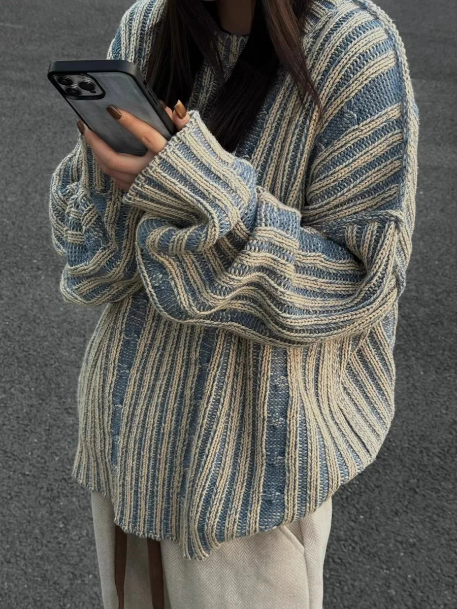 Cleanfit Retro Striped Color Block Knitwear Unisex Winter High Street Trendy Brand Couple Lazy Sle Long Sleeve Sweater