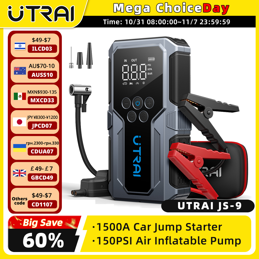 UTRAI 1500A Car Jump Starter Power Bank Portable 150PSI Air Pump Car Battery Emergency Boosters Starting Device Car Starter 2024