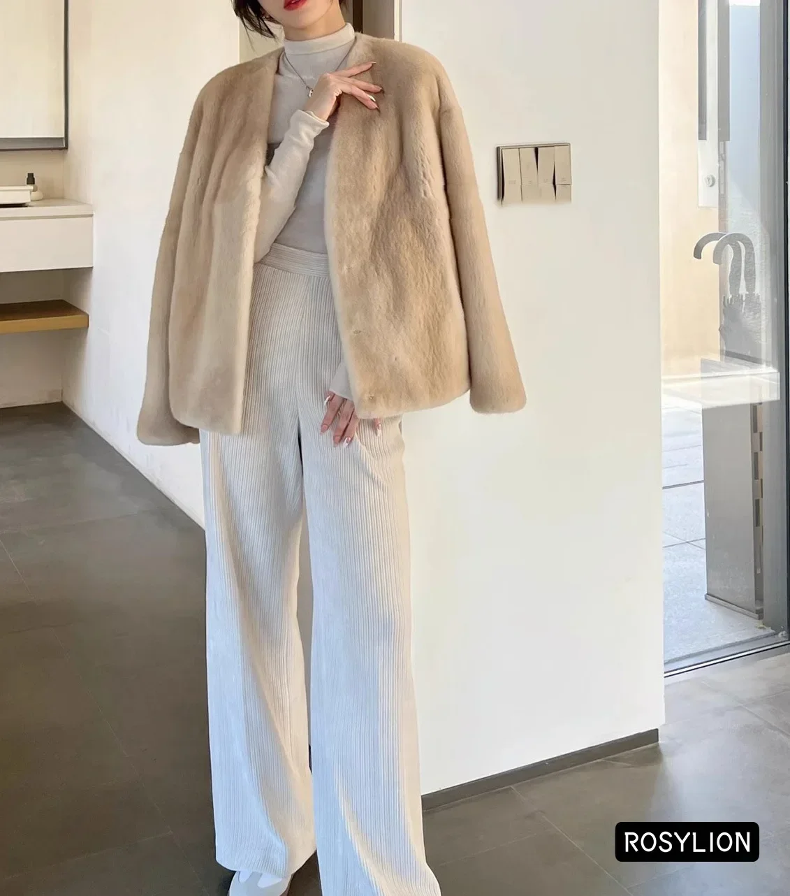 女性のフェイクミンクベルベットコート,女性のためのファッショナブルなVネックジャケット,ルーズストリートウェア,グレーとブラウン,ヨーロッパ