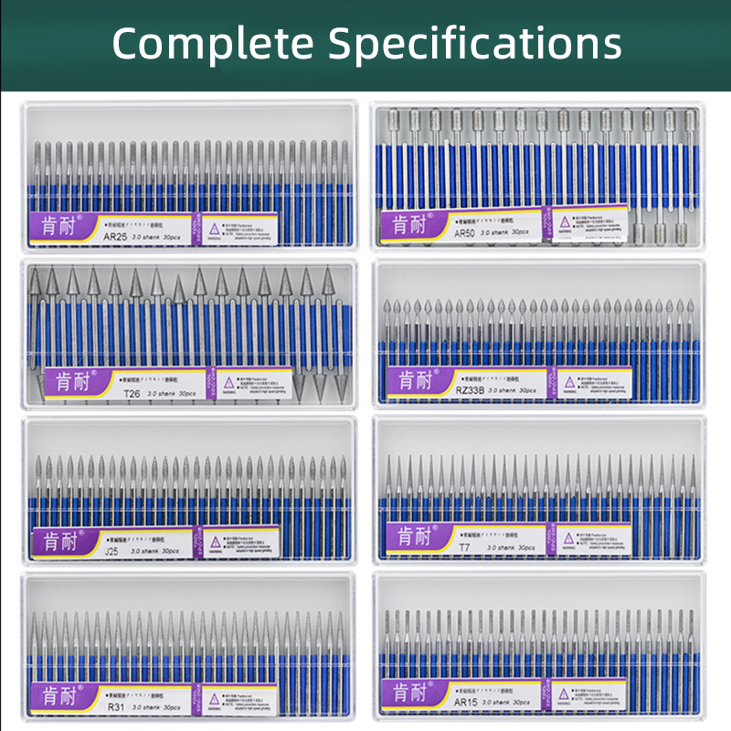 30Pcs 3mm Shank Diamond Grinding Head Polished Needle Jade Stone Carving Engraving Tool Nail File Drill Bit Rotary Tools