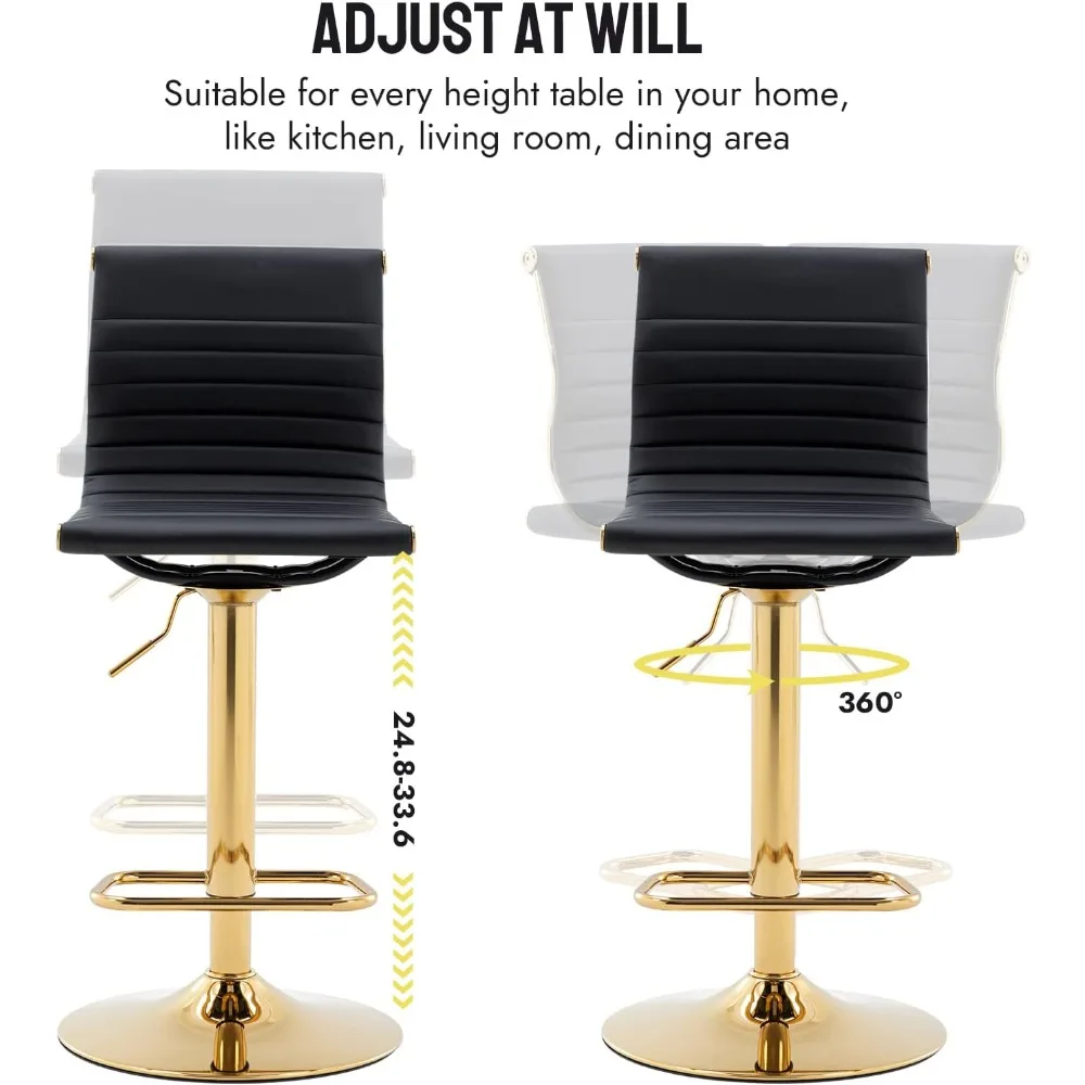 Set of 2 Metal Bar Stools Chairs, Modern Black PU Leather Armless Counter Stool with Golden Base, Height Adjustable Barstools