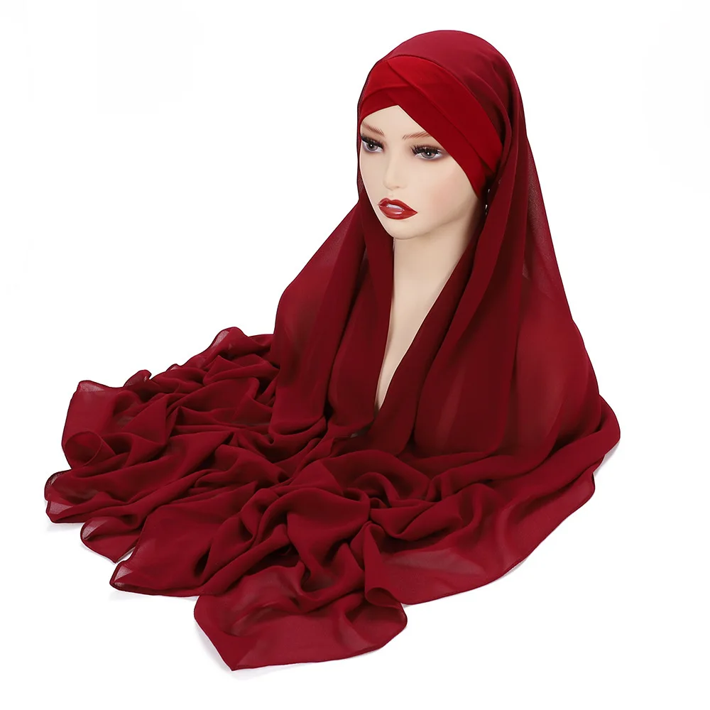 Hijabs instantâneos chiffon hijab cachecol com camisa cruzada bonés bonnet design da marca lenço muçulmano feminino underscarf islâmico 175x70cm