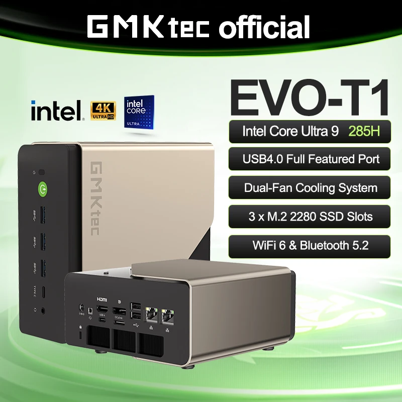 GMKtec AI Mini PC EVO-T1 Intel Core Ultra 9 285H Win11 Pro M.2 SSD Wifi6 BT5.2 64 ГБ LPDDR5 1 ТБ SSD PCIe4.0 Игровой компьютер
