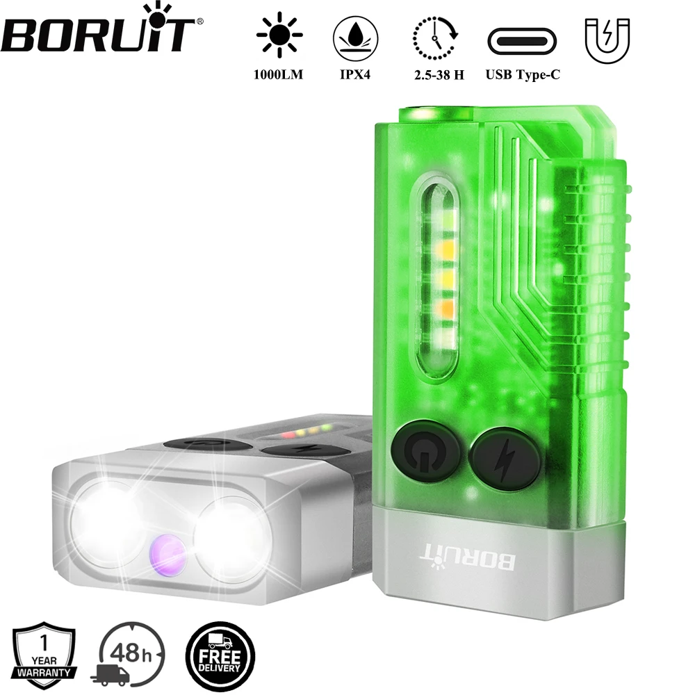 BORUiT V10 EDC llavero LED linterna fluorescente tipo C linterna recargable luz de trabajo imán zumbador 365nm UV V3 Plus linterna