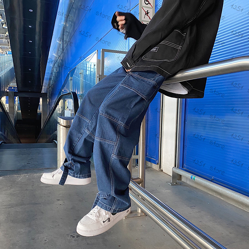 Pantalones vaqueros de pierna ancha para hombre, pantalones vaqueros holgados y rectos, ropa informal estilo hip hop, pantalones vaqueros neutros para monopatín, pantalones vaqueros Cargo