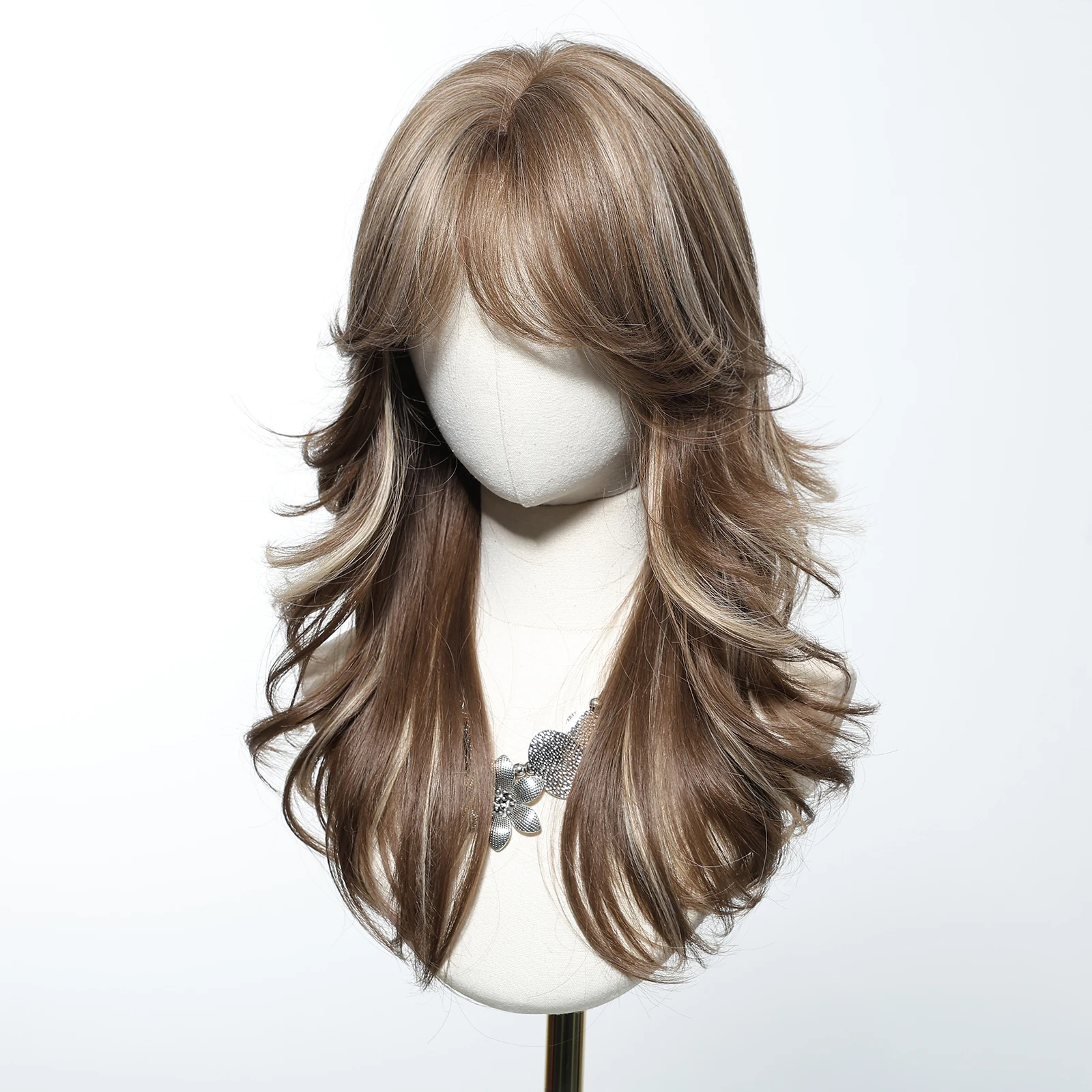 LOUIS FERRE สีน้ําตาลสีบลอนด์ไฮไลท์วิกผมสังเคราะห์ด้านข้าง Bangs ยาว Wavy Layered ผมวิกผมสําหรับผู้หญิงทุกวันคอสเพลย์วิกผม