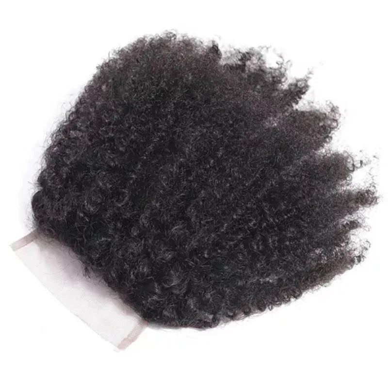 Cabello humano mongol Afro rizado con cierre de encaje 4x4, predesplumado, 150% de densidad, parte de encaje transparente, Color Natural, 10-18 pulgadas