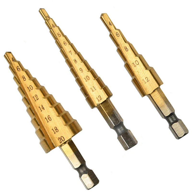 3pc Hexagonal Shank Titanium Plated Ladder Drill Bit Set 3-12/4-12/4-20mm Expanding punching holes Set