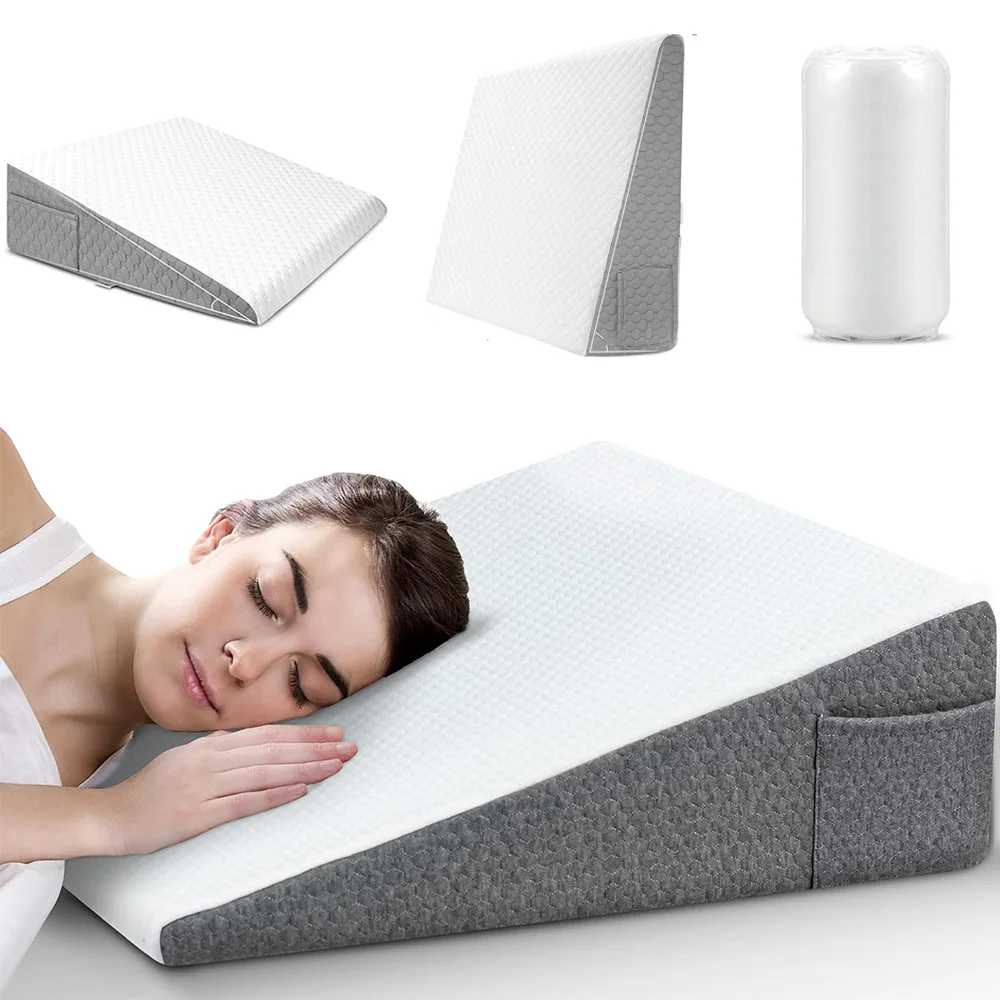 Almofada de cunha de cama para dormir, parte superior de espuma de memória macia, cunha de travesseiro triangular, posicionadores corporais para elevação das pernas, alívio de ronco