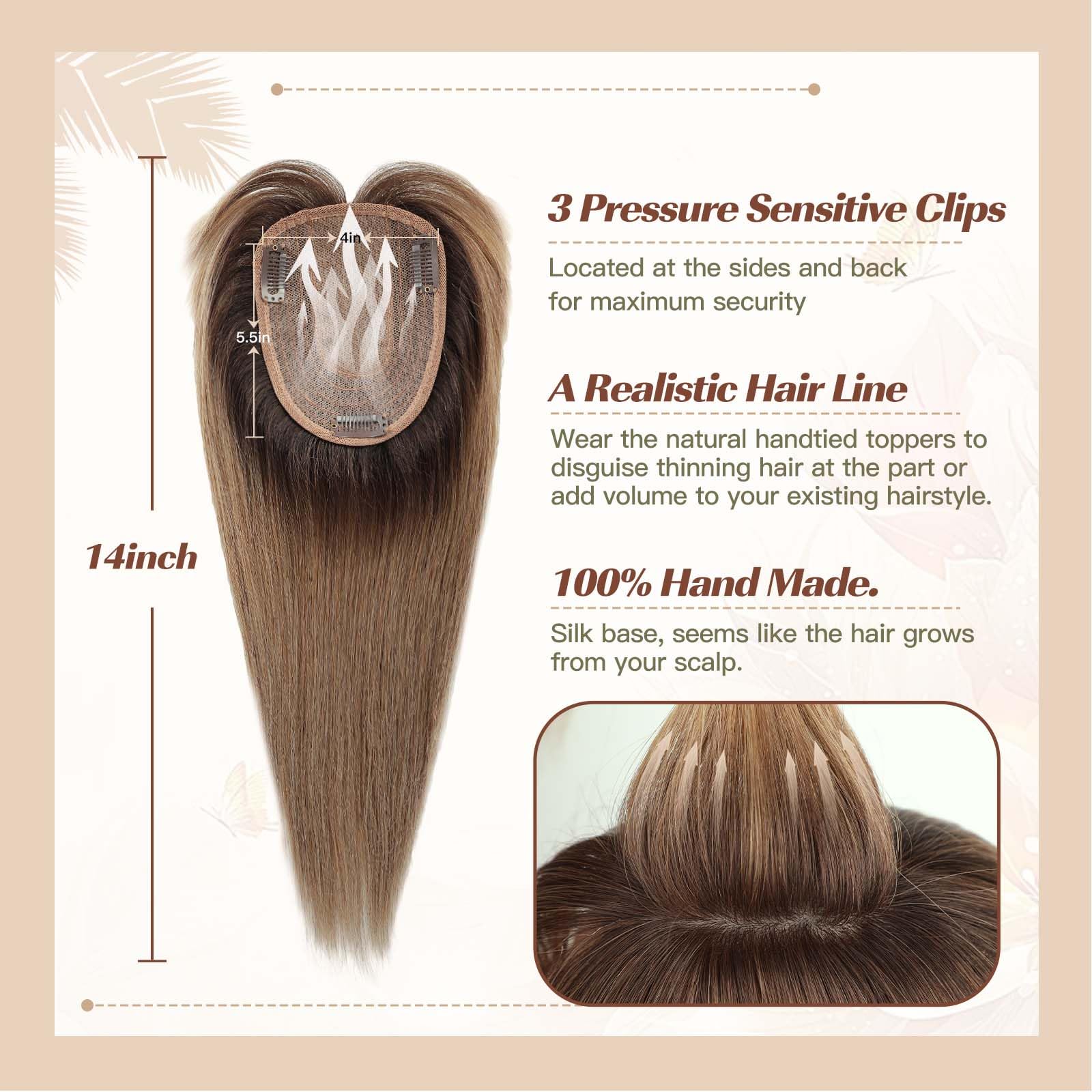 100% vrais cheveux humains Toppers avec frange Base en soie 3 pièces de clips Ombre brun droit humains Topper cheveux pour femmes Extension de cheveux