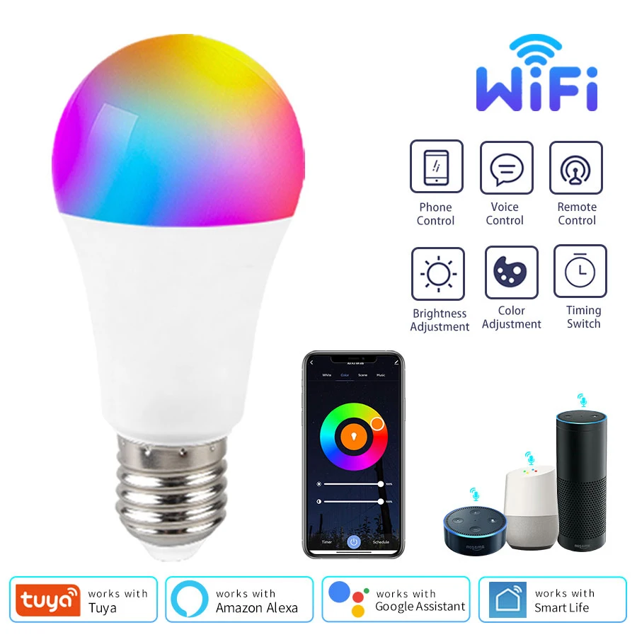 E27 Tuya WiFi Lampadina a LED AC 220V 110V Lampada a LED 10W 15W 20W Smart Alexa Smart Life APP Google Assisant Echo Controllo vocale