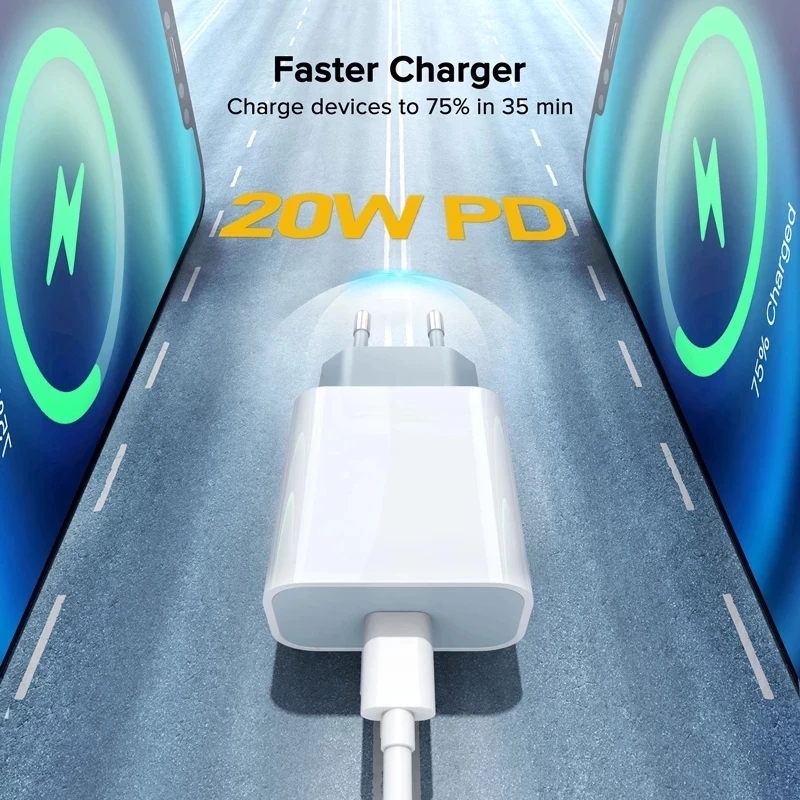 PD 20W Fast Charging EU Charger Plug with 1M/3FT Cable for iPhone iPad
