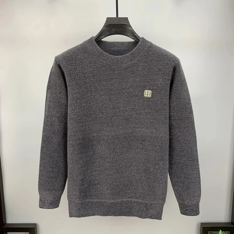 ฤดูหนาวผู้ชายขนแกะเสื้อกันหนาว O-คอปักสบายๆถักด้านใน Lap Pullovers หนาชุดชั้นในเสื้อกันหนาว