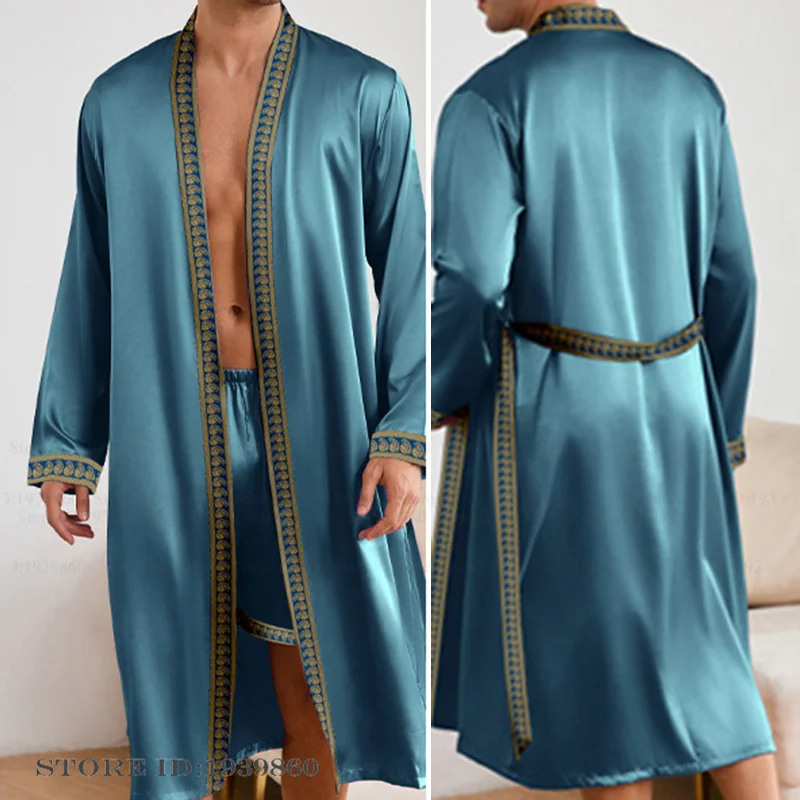 Männer Lange Robe Pyjamas Set Barock Stil Kimono Bademantel Kleid Frühling Sommer Männliche Nachtwäsche Hause Kleidung Rayon Loungewear Pijamas