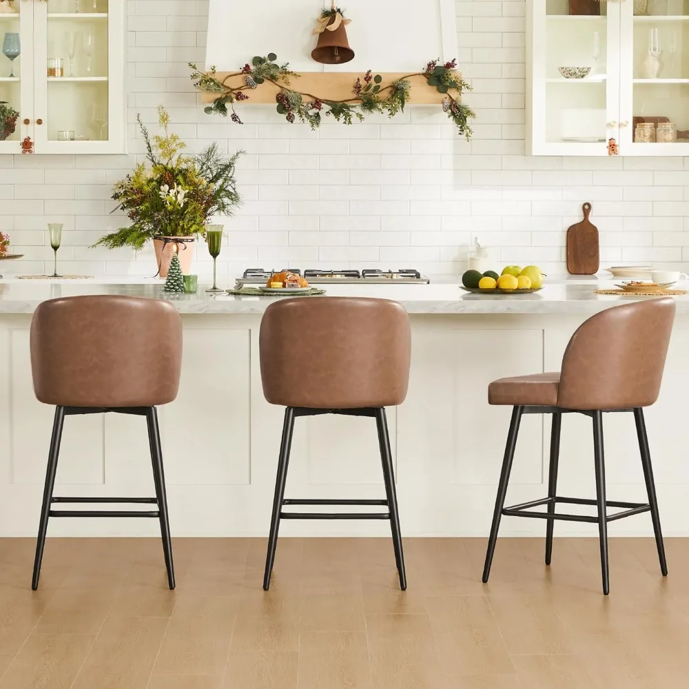 Counter Height Bar Stools Set of 3, 360° Swivel Upholstered Barstools with Backs and Metal Legs, 26" H Seat