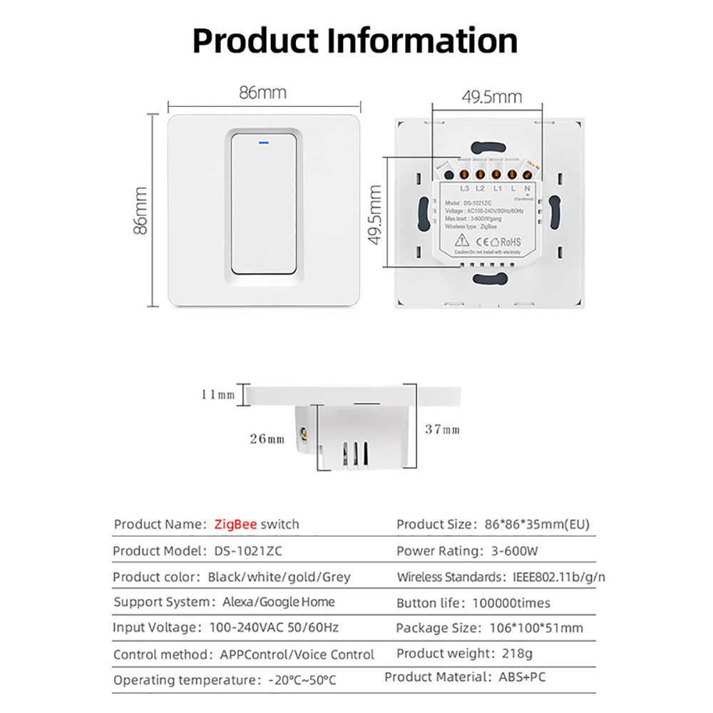 Interruptor de luz inteligente tuya zigbee interruptor ue sem fio neutro nenhum capacitor necessário vida inteligente 1/2/3 gang funciona com alexa google casa