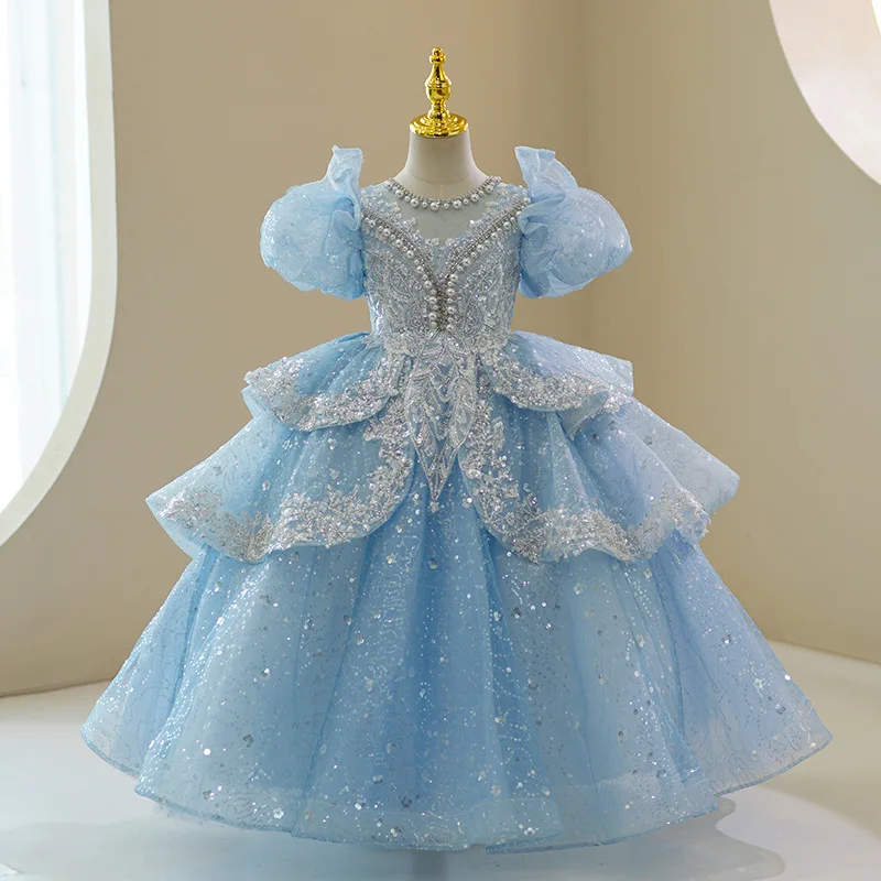 Robe de princesse pour filles, manches bouffantes, ornée de paillettes, en Tulle à plusieurs niveaux, décolleté en perles, Costume de fête formelle de concours