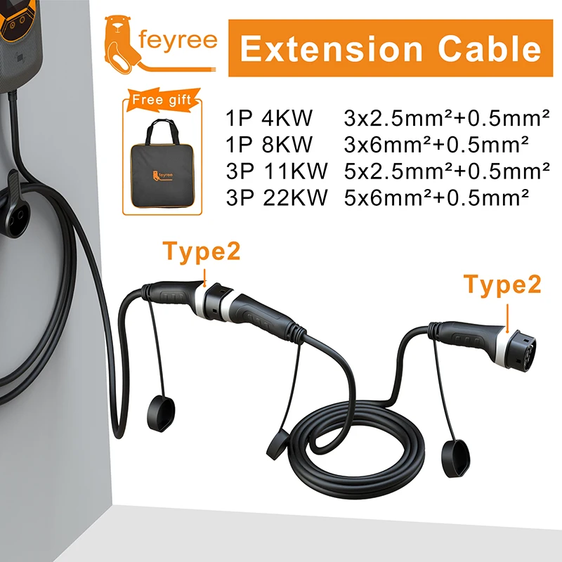 Cable de carga feyree EV 16A/32A 4kW/8kW/11kW/22kW Cable para vehículo eléctrico 5M tipo 2 estación de carga EVSE enchufe hembra a macho