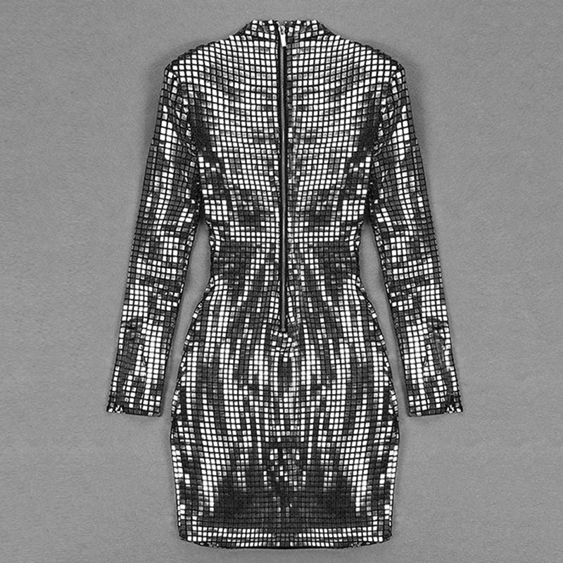 GACVGA Shiny Plaid Pailletten 2024 Herbst Winter Frauen Kleid Oansatz Langarm Sexy Bodycon Mini Club Party Kleider Vestidos