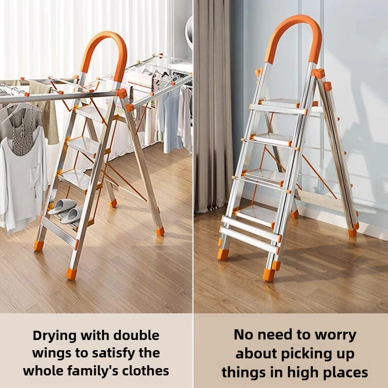 Household Ladder Folding Drying Scaffoldings Multi-functional Dual-purpose Stairs Thickened and Retractable Stainless Steel