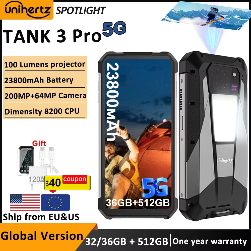 Unihertz Tank 3 Pro 8849 Rugged 5G Phone with 100 Lumens Projector Android 14 32GB 512GB 23800mAh Waterproof Phone WIFI 6 NFC
