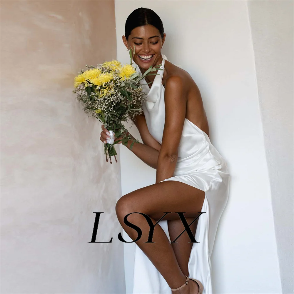 LSYX Aangepaste halter mouwloze eenvoudige zeemeermin trouwjurk satijn open rug hoge zijsplit vloerlengte bruidsjurk