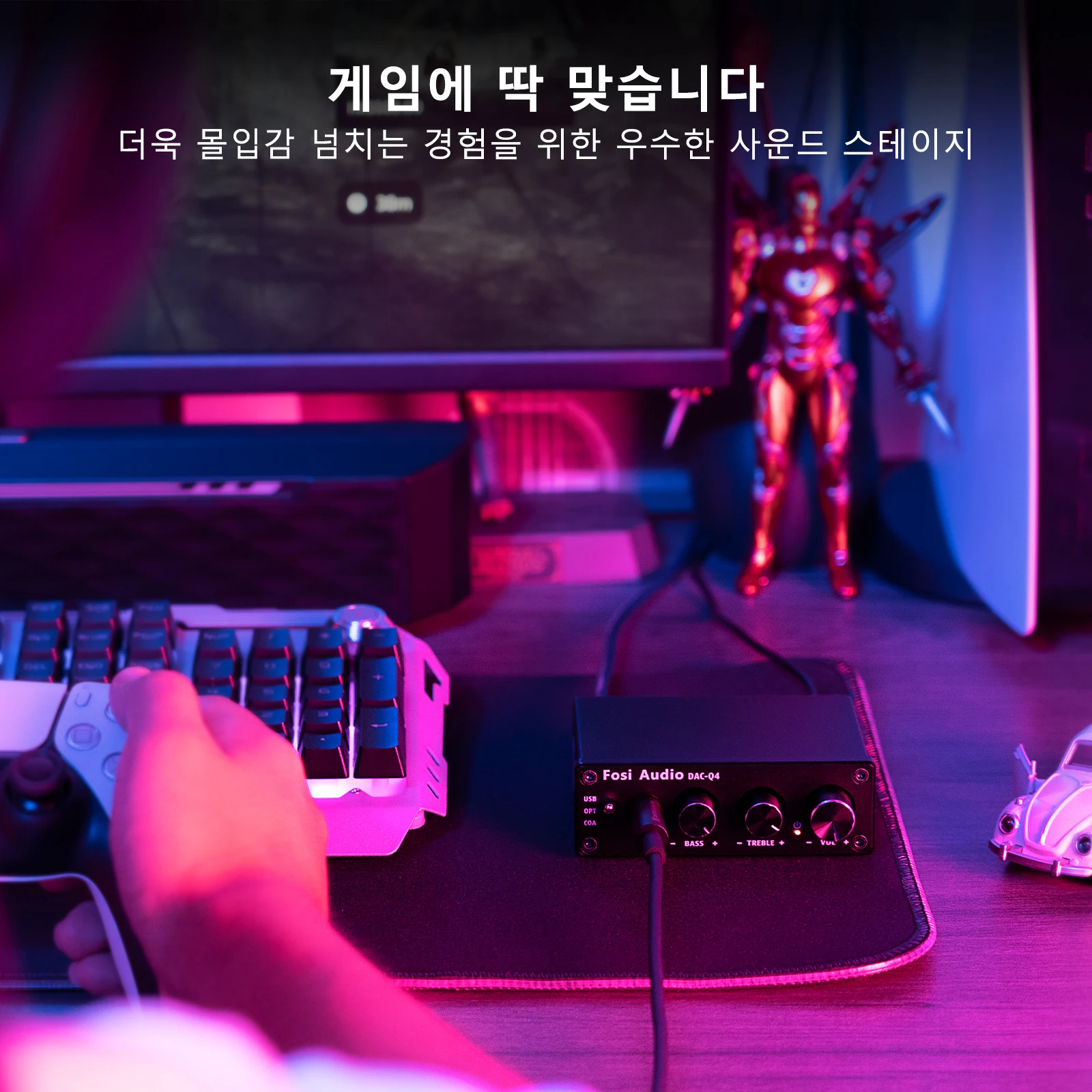 포시 오디오 Q4 미니 스테레오 USB 게이밍 DAC & 헤드폰 앰프 오디오 컨버터 어댑터 (가정용/데스크탑용 전원/액티브 스피커)