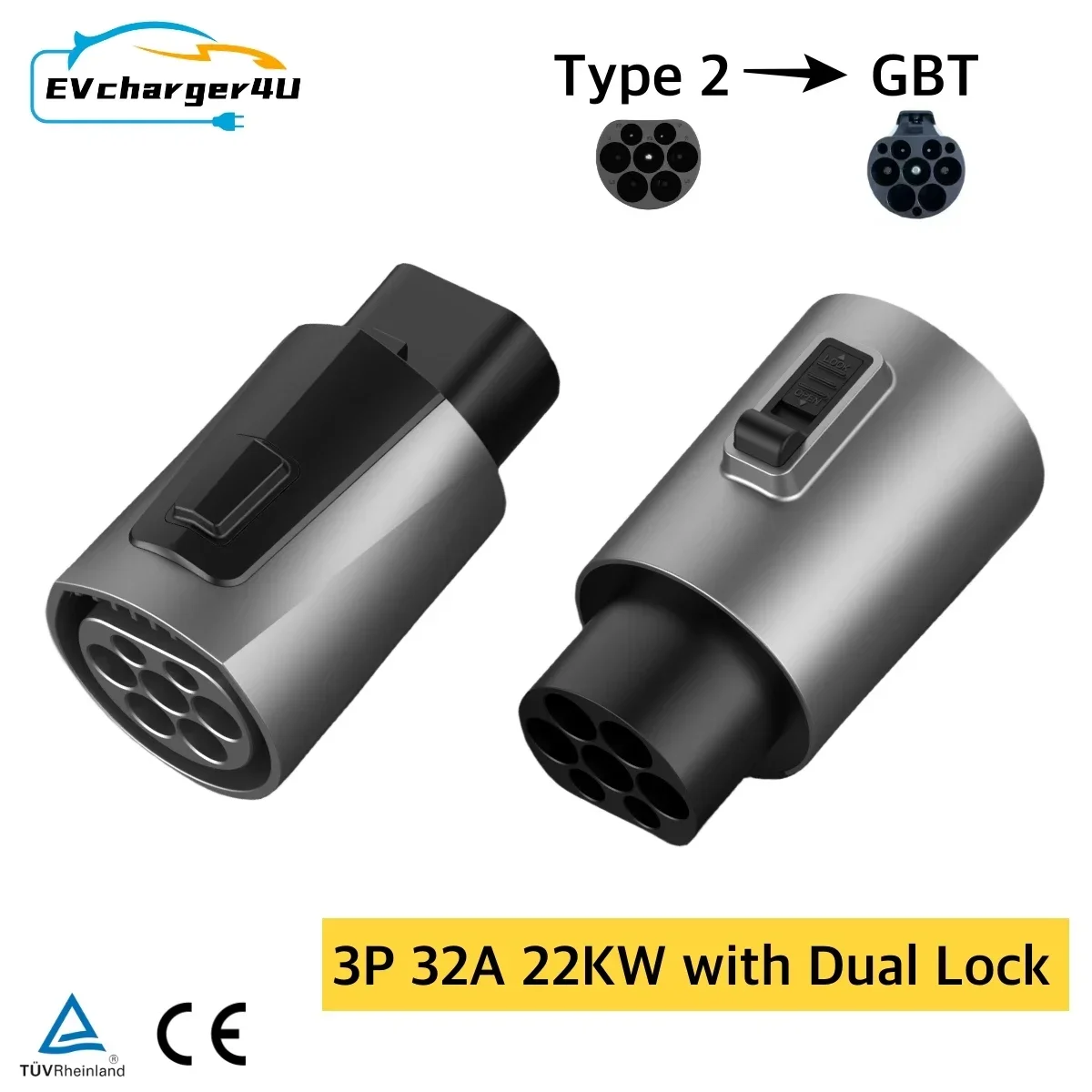 EVcharger4U IEC62196 adaptador EV tipo 2a GBT, convertidor de carga, 250V, 32A, tipo 2 GB/T