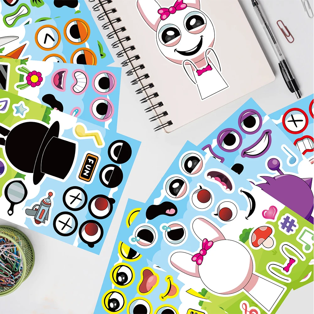 8/16 แผ่นอะนิเมะ Sprunki ตลกปริศนาสติกเกอร์ Make a Face Decals เกมของเล่นเด็กการ์ตูนประกอบจิ๊กซอว์เด็กของขวัญ