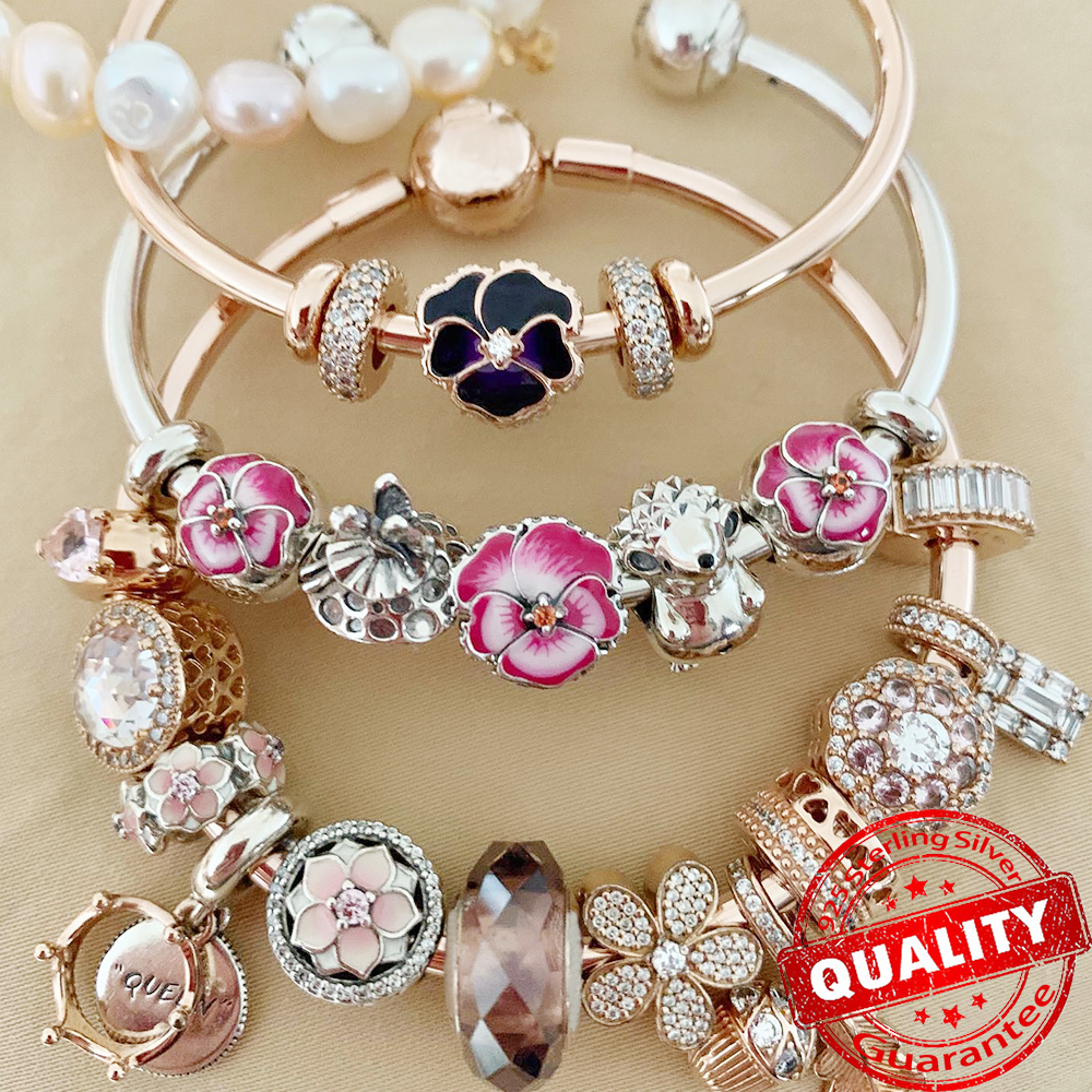 Moda prata esterlina rosa amor-perfeito flor charme caber pulseira original 925 prata azul borboleta charme jóias finas presente