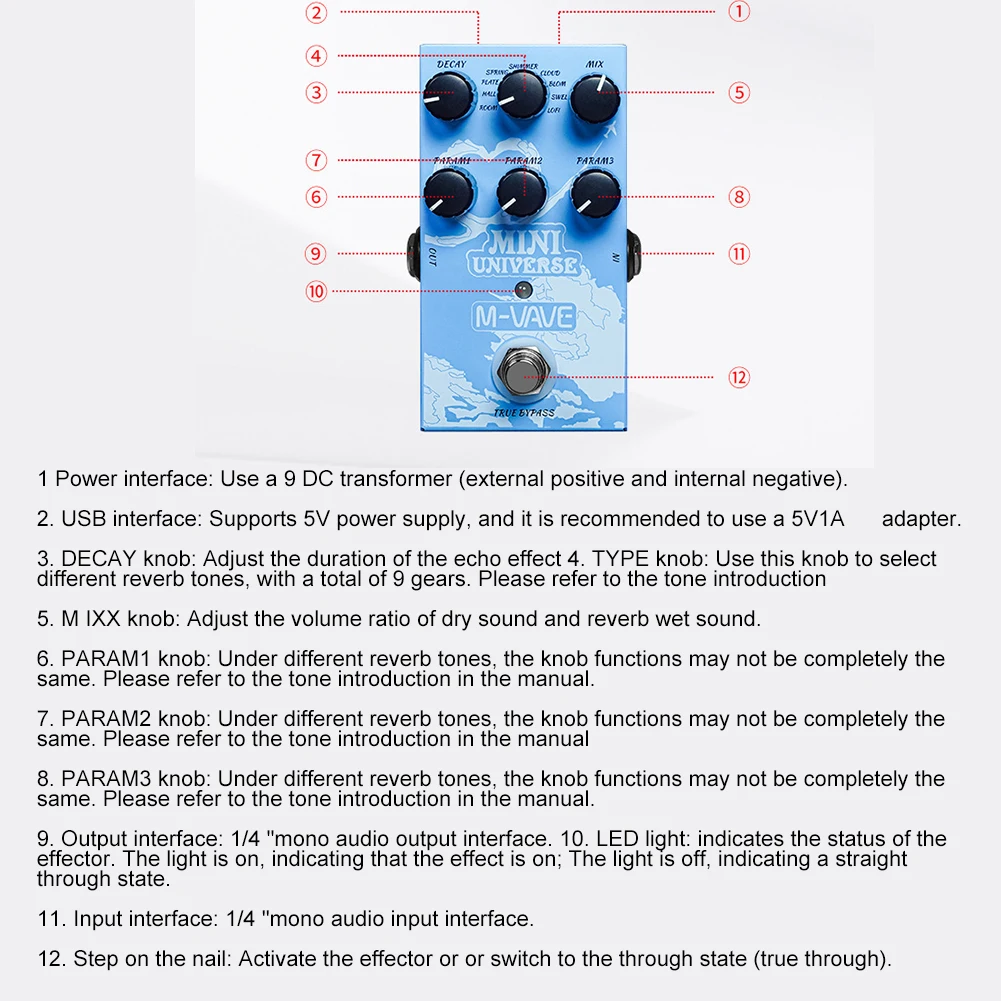 M-VAVA Mini-Universe Pedale riverbero digitale Pedale riverbero analogico per chitarra 9 toni riverbero Pedale puro per musica basso elettrico