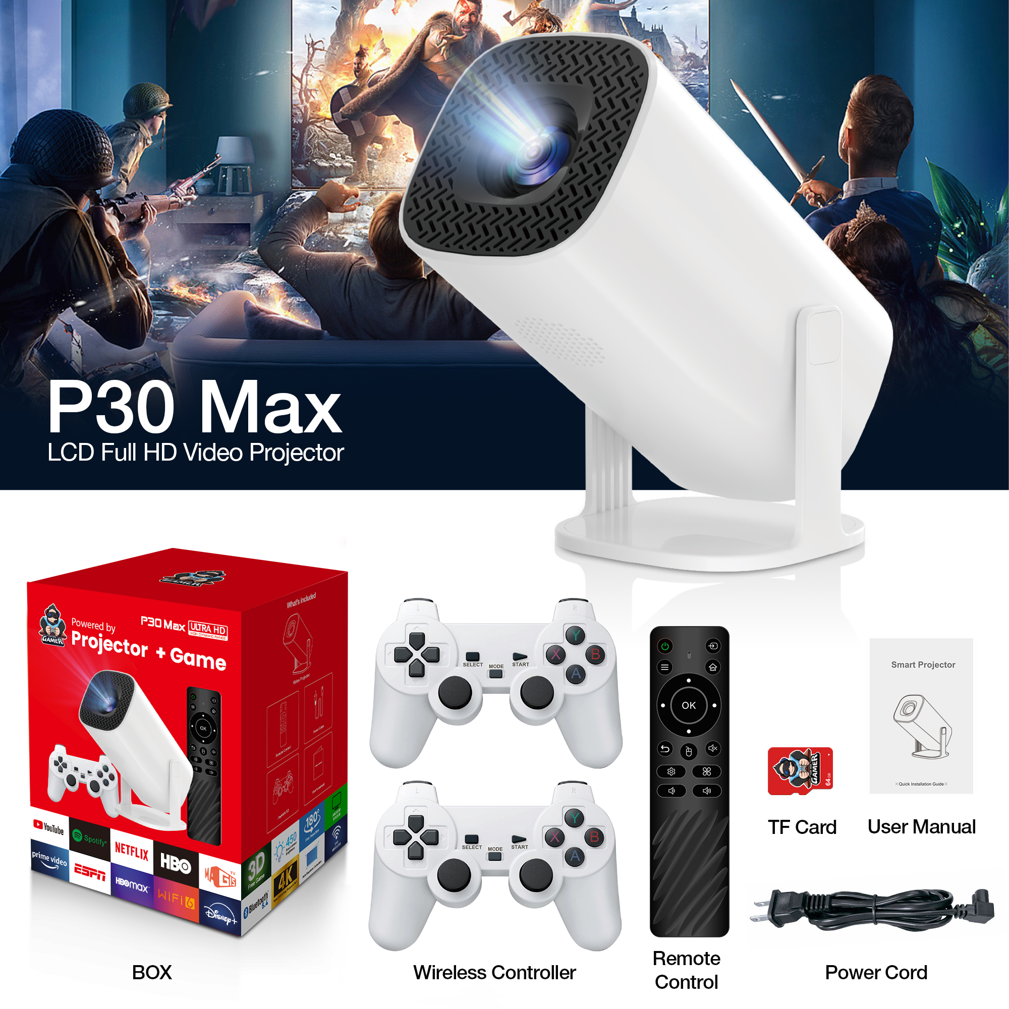 Salange P30 Max Projetor de jogo Mini FreeStyle Home Theater para Xiaomi IOS Android Phone 720P Outdoor 1080P 4K compatível com HDMI