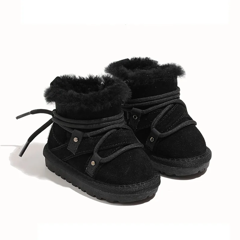 2024 ใหม่ฤดูหนาวเด็กรองเท้าบู๊ตหิมะหนัง WARM Plush ทารกรองเท้า Soft Sole รองเท้าเด็กแฟชั่นเด็กวัยหัดเดินรองเท้า 16-25