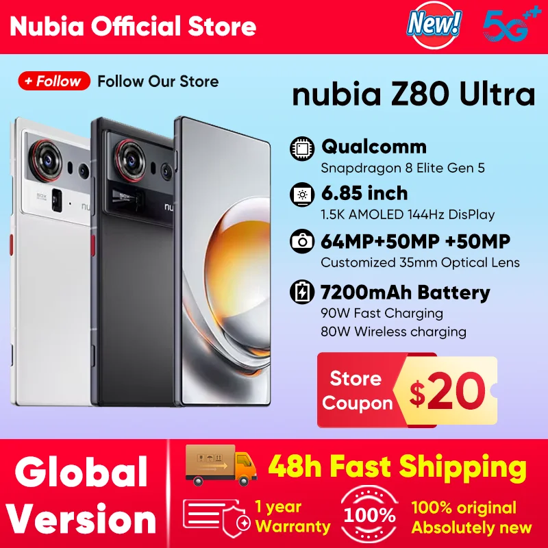 2025 nuevo nubia Z80 Ultra 5G Smartphone versión Global Snapdragon 8 Elite Gen 5 7200mAh 6,85 ''144Hz pantalla Oled 90W carga rápida