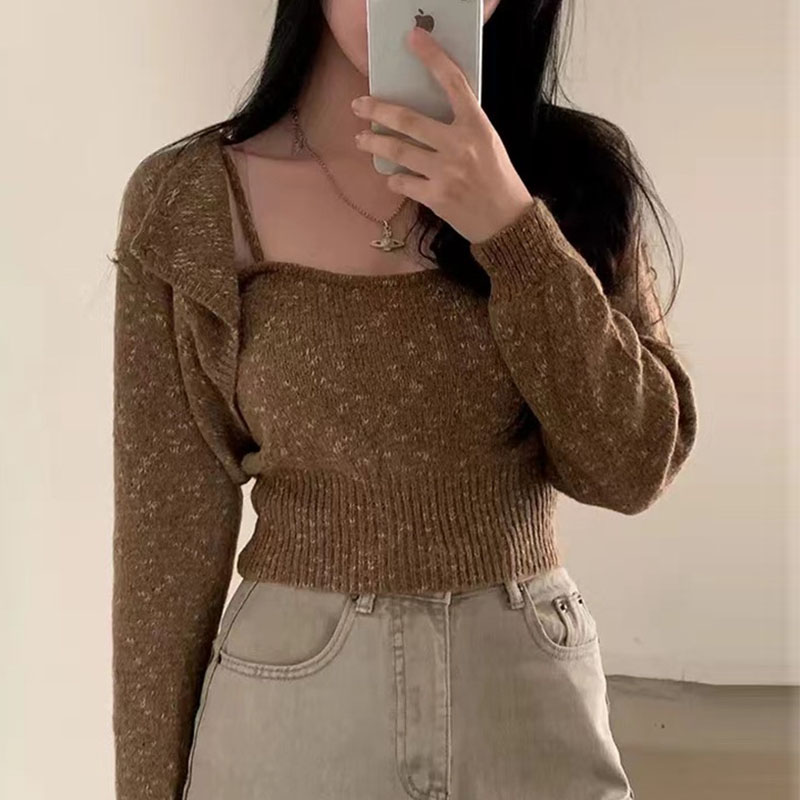 Sexy Chic Autumn Long Sleeve Knitted Crop Top Slimming Vest for Trendy Girls Commute Sle Cotton Material Other Pattern
