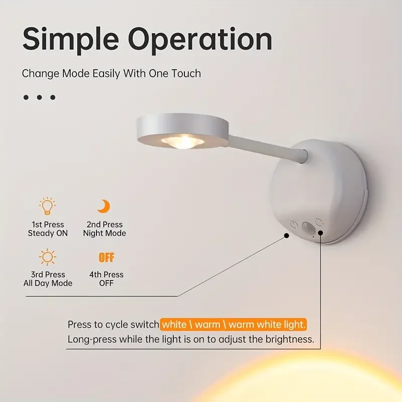 Luz de pared inalámbrica con detección humana inteligente, recargable por USB, 3 colores, foco Led regulable para iluminación de pinturas y imágenes