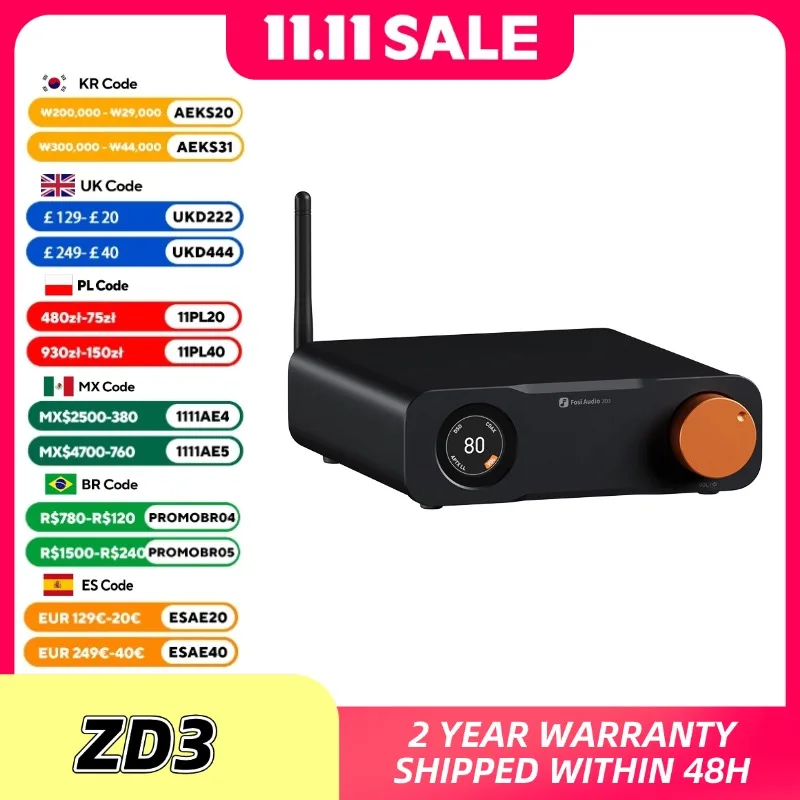 Fosi Audio ZD3 Bluetooth USB Настольный ЦАП Вход ARC, ES9039Q2M Полностью балансный цифровой декодер для стереоусилителя с пультом дистанционного управления