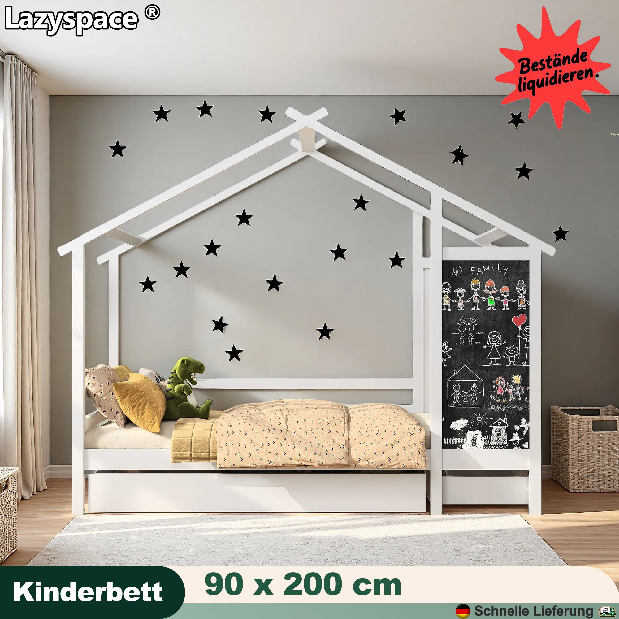 Lazyspace Estrutura de cama infantil branca 90x200cm, cama de madeira para crianças, com quadro negro e 2 gavetas
