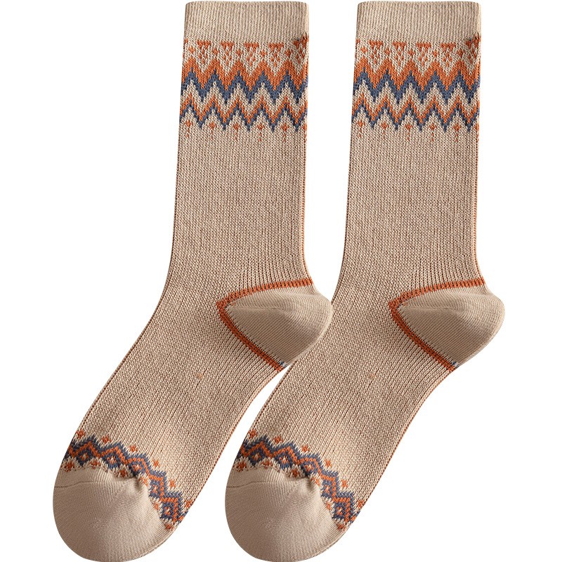 Autumn Winter Cotton Sos Women's Mid-Calf Double Needle Double Road Retro Wave Long Tube Sos Thermal Sta Sos