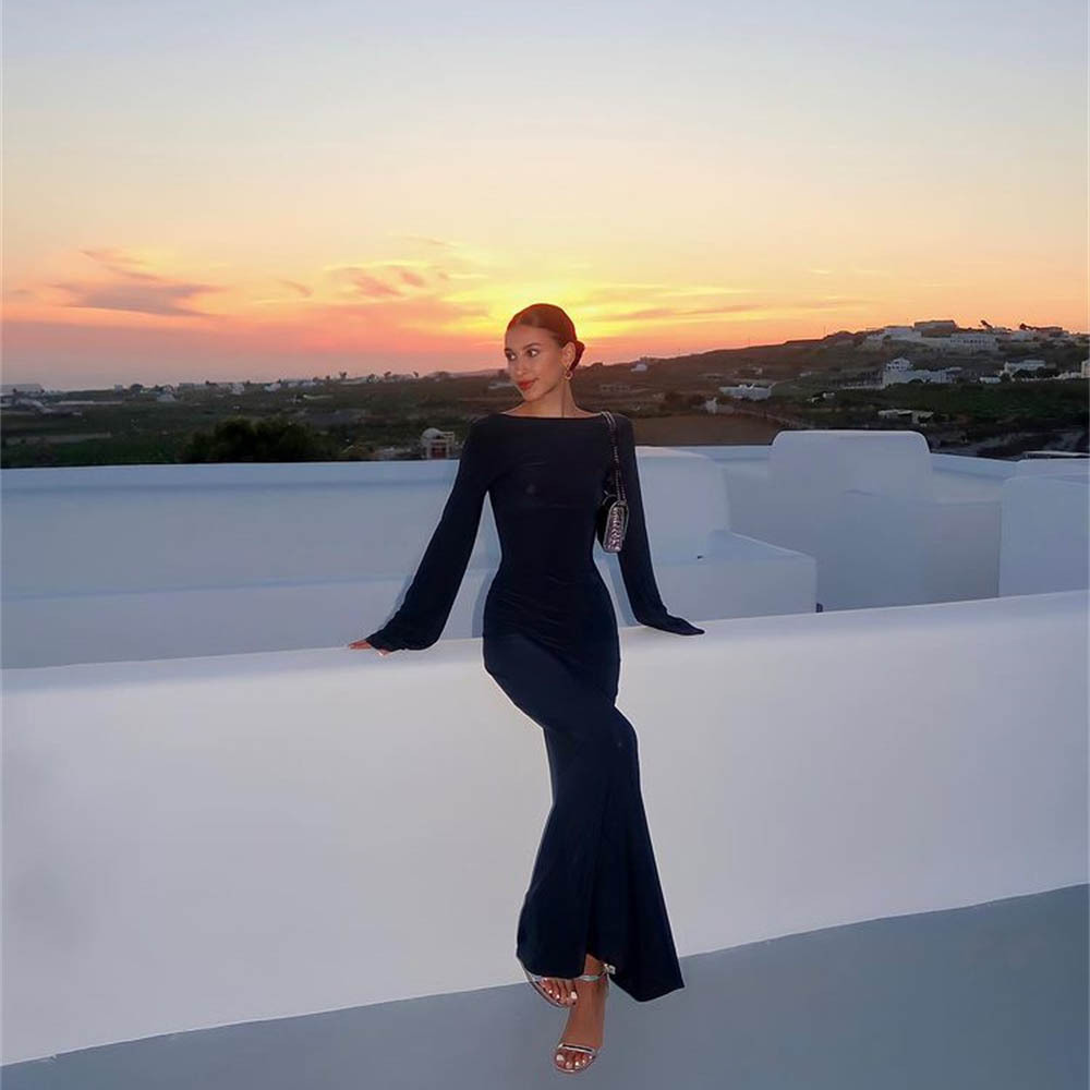 Combhasaki Damen-Sommerkleid, gewickelt, ausgestellt, langärmelig, Rundhalsausschnitt, durchsichtig, Sonnenschutz, einfarbig, rückenfrei, Strand-Cover-up, langes Sommerkleid