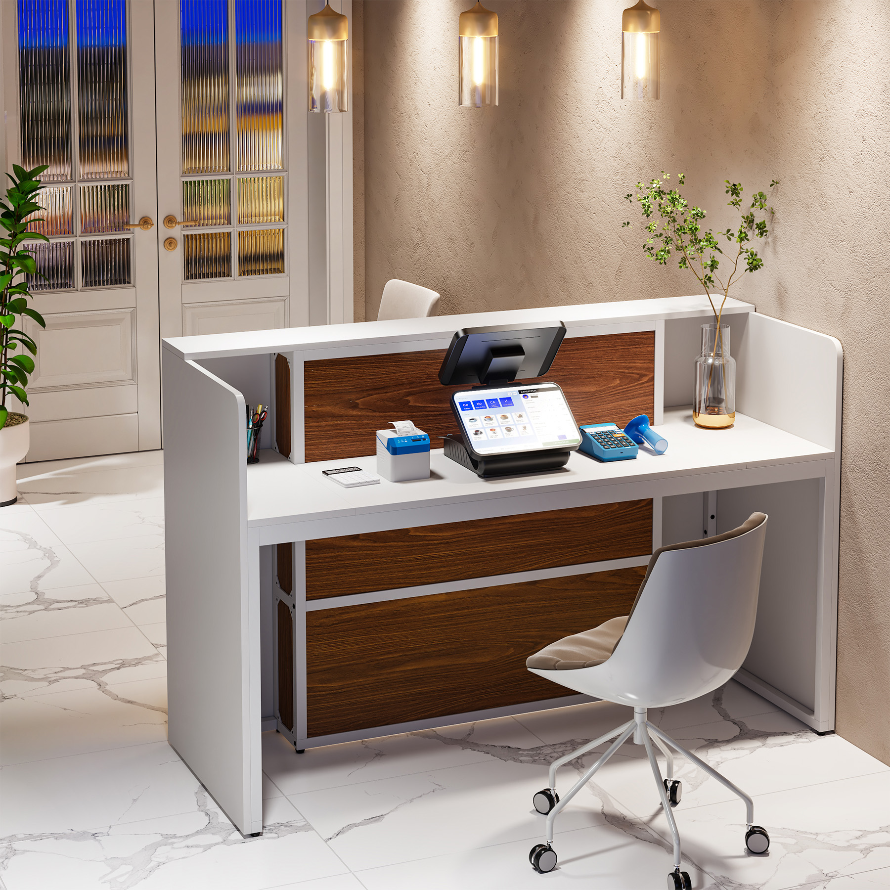 Tribesigns Reception Desk with LED Lights, 63 Inches Front Counter Desk for Checkout, Lobby, Salon, Retail, Large Counter Table