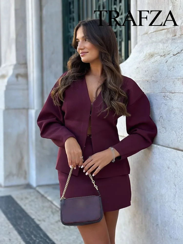 TRAFZA Frauen Frühling Rock Anzüge Solide V-ausschnitt Langarm Dachte Taste Strickjacke + Hohe Taille Gestrickte Mini Röcke Weibliche Dünne sets