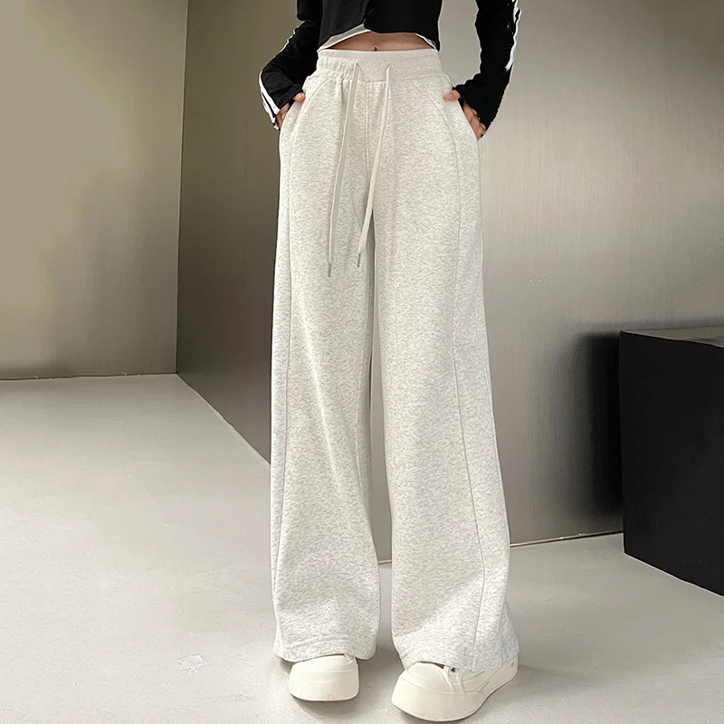 Pantalones deportivos elásticos básicos blancos y grises y negros para mujer, pantalones de pierna recta de pierna ancha para mujer, pantalones de chándal versátiles de cintura alta