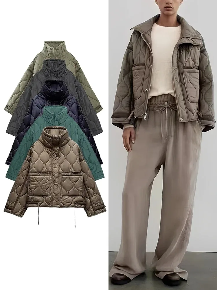 Nova moda feminina Casaco de algodão quente outono e inverno Gola alta Manga comprida Fecho frontal com botões Casaco vintage