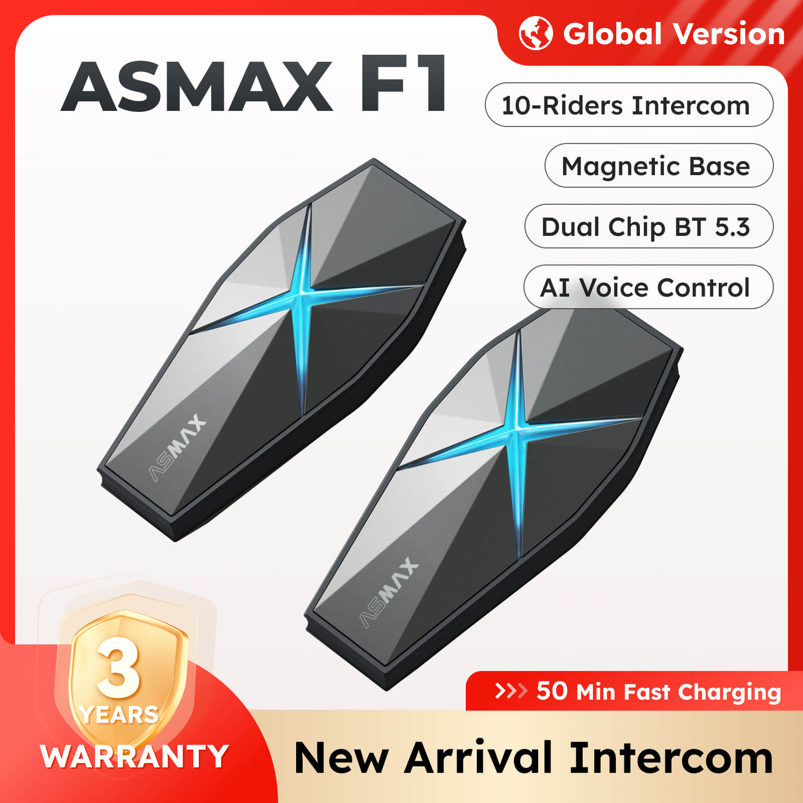 ASMAX F1 casco de motocicleta intercomunicador estéreo Bluetooth, comunicación de 10 conductores, BT5.3 IP67 impermeable, altavoces HIFI para motos de nieve, Mensajes y comandos de voz en español