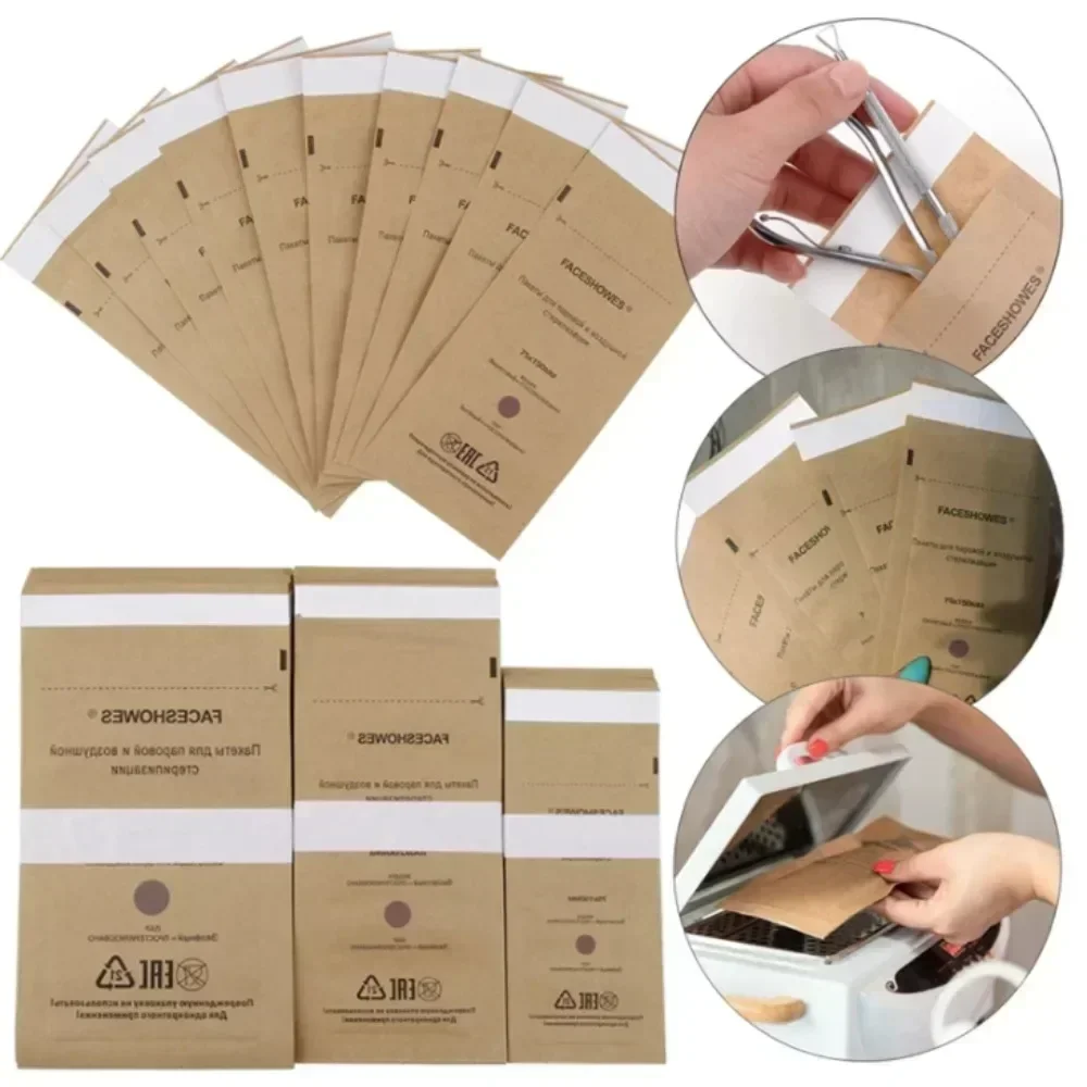 100 Uds bolsas Kraft para manicura esterilizador para decoración de uñas bolsa de esterilización limpia suministros de manicura desechables herramientas de desinfección UV