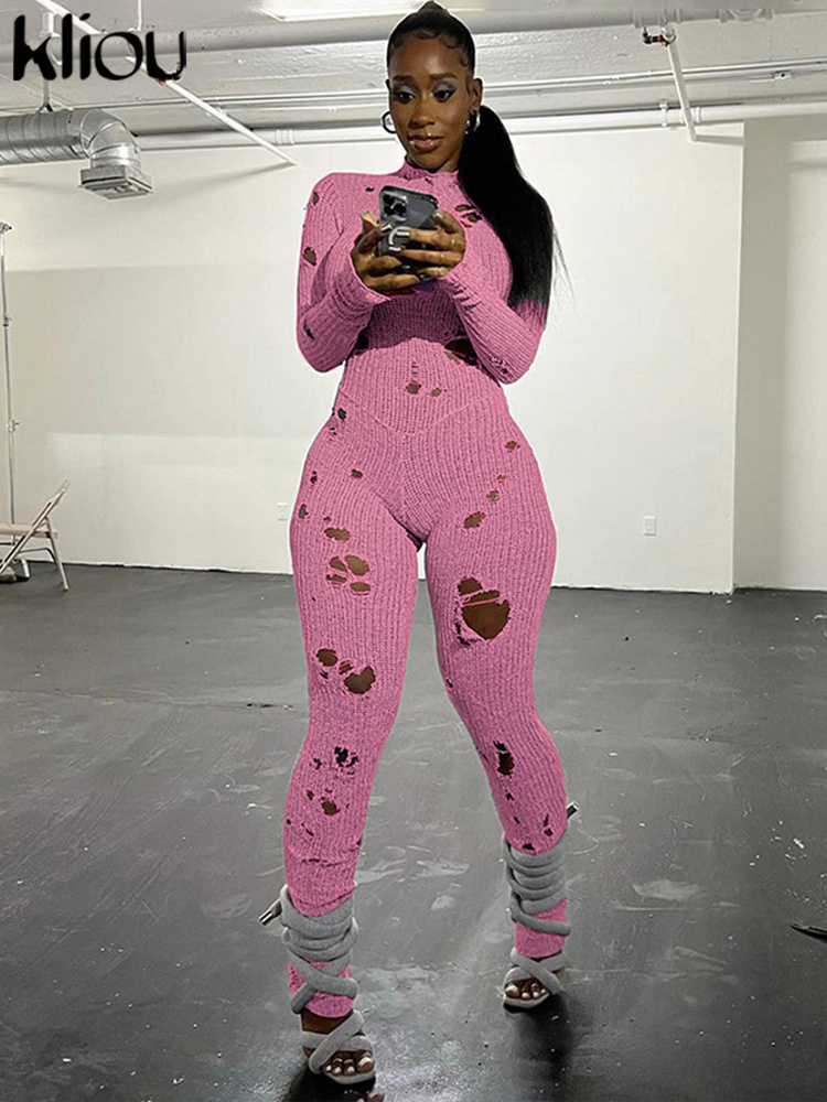 Kliou-女性用長袖ラウンドネックニットジャンプスーツ、無地、カジュアル、ボディシェーピング、クラシック、ストリートウェア、秋