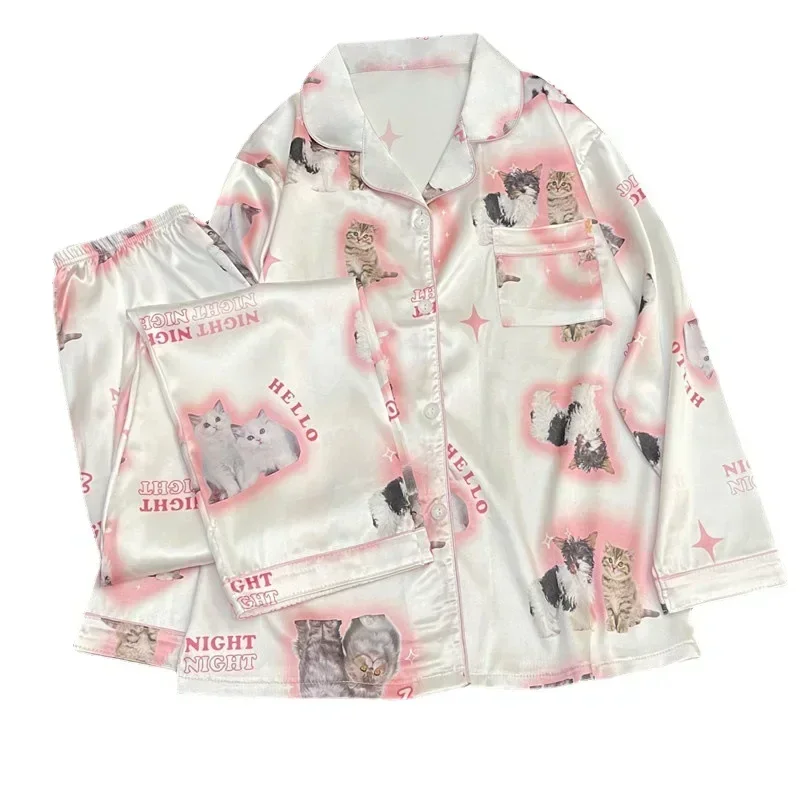 Pijamas Kawaii para chica joven, ropa de casa de satén, pijama largo corto a la moda con estampado de gato bonito, novedad de verano, pijamas finos para mujer, conjunto de seda para el hogar